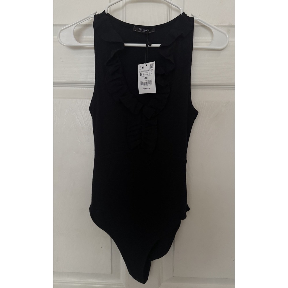 NWT Chic Zara Womens Ruffle Solid Black Ribbed Tank Bodysuit M Y2K OLDSTOCK